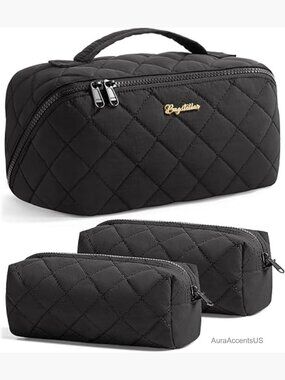 Large Capacity Puffy Quilted Makeup Bag Set with Clear Divider & Handle